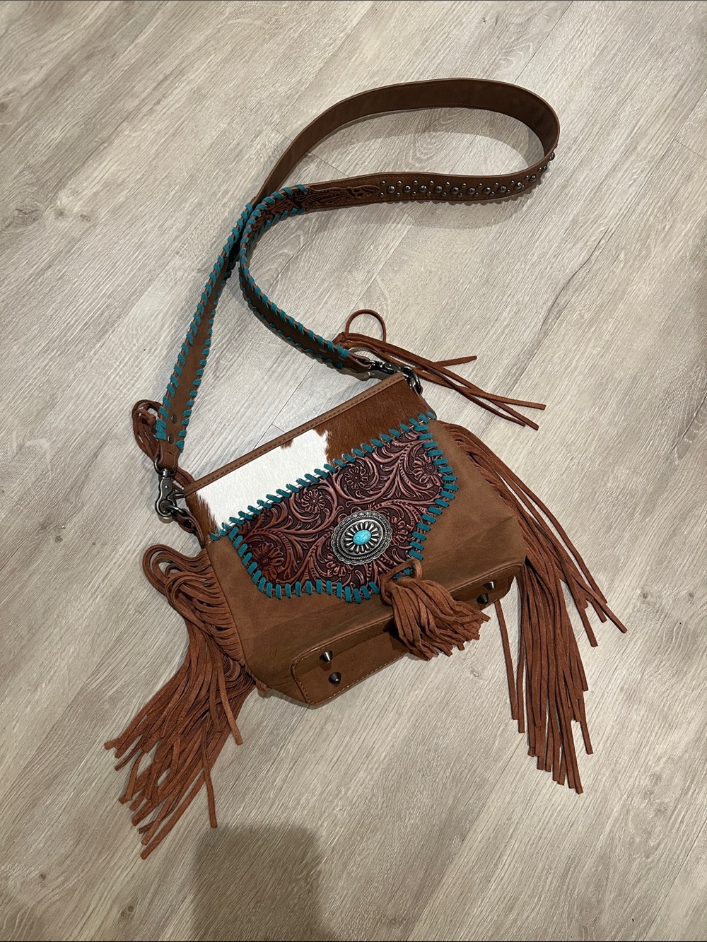 Boho Tooled Fringe Crossbody Bag in Brown with Turquoise Trim